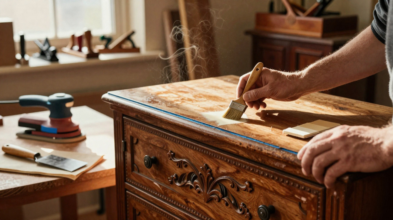 Person applying varnish with a brush to the top of an ornate wooden chest of drawers in a workshop.