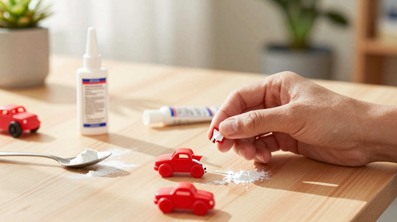 Hand sprinkling white powder onto small red toy cars on a wooden table with bottles and a spoon nearby.
