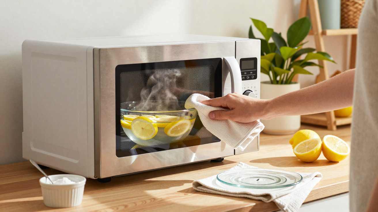 Hand removing hot steamed bowl with lemon slices from stainless steel microwave on wooden countertop.