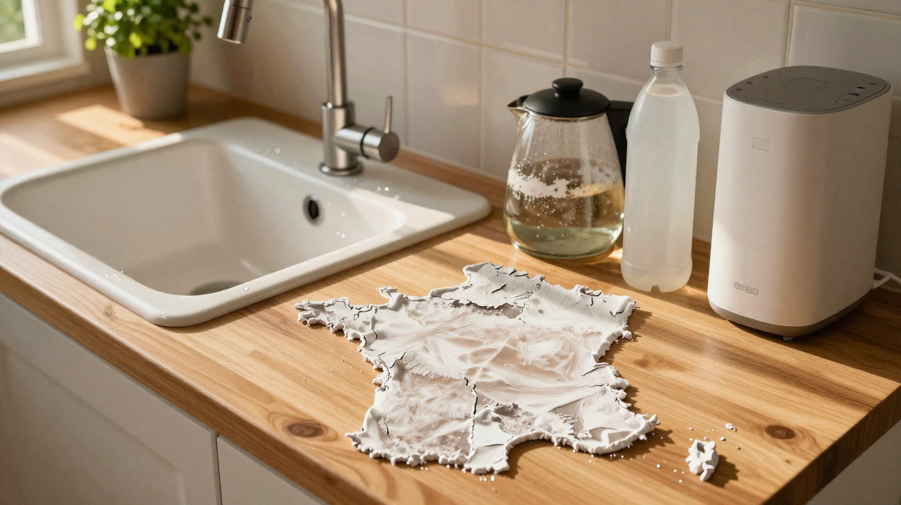 Clay map of France drying on wooden kitchen countertop next to sink, glass jug, bottle, and water filter.