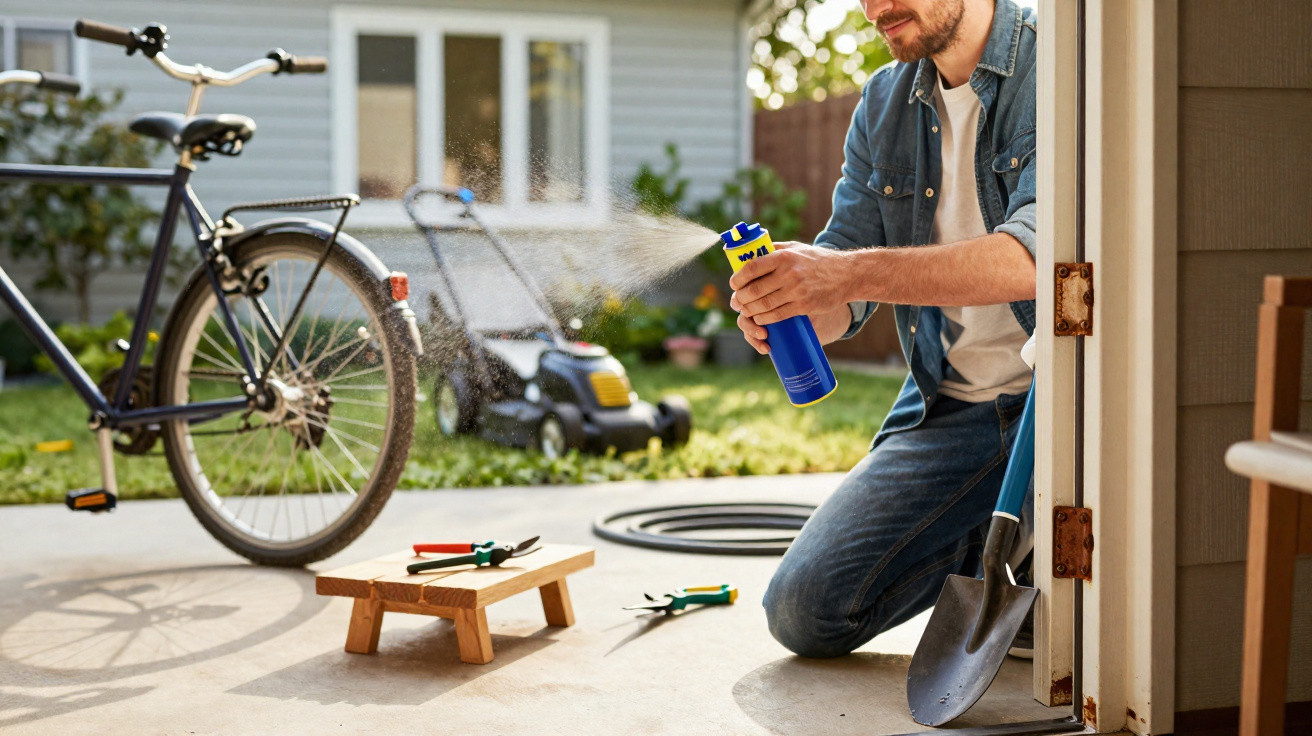 Man spraying lubricant onto bicycle chain outdoors with tools and gardening equipment nearby