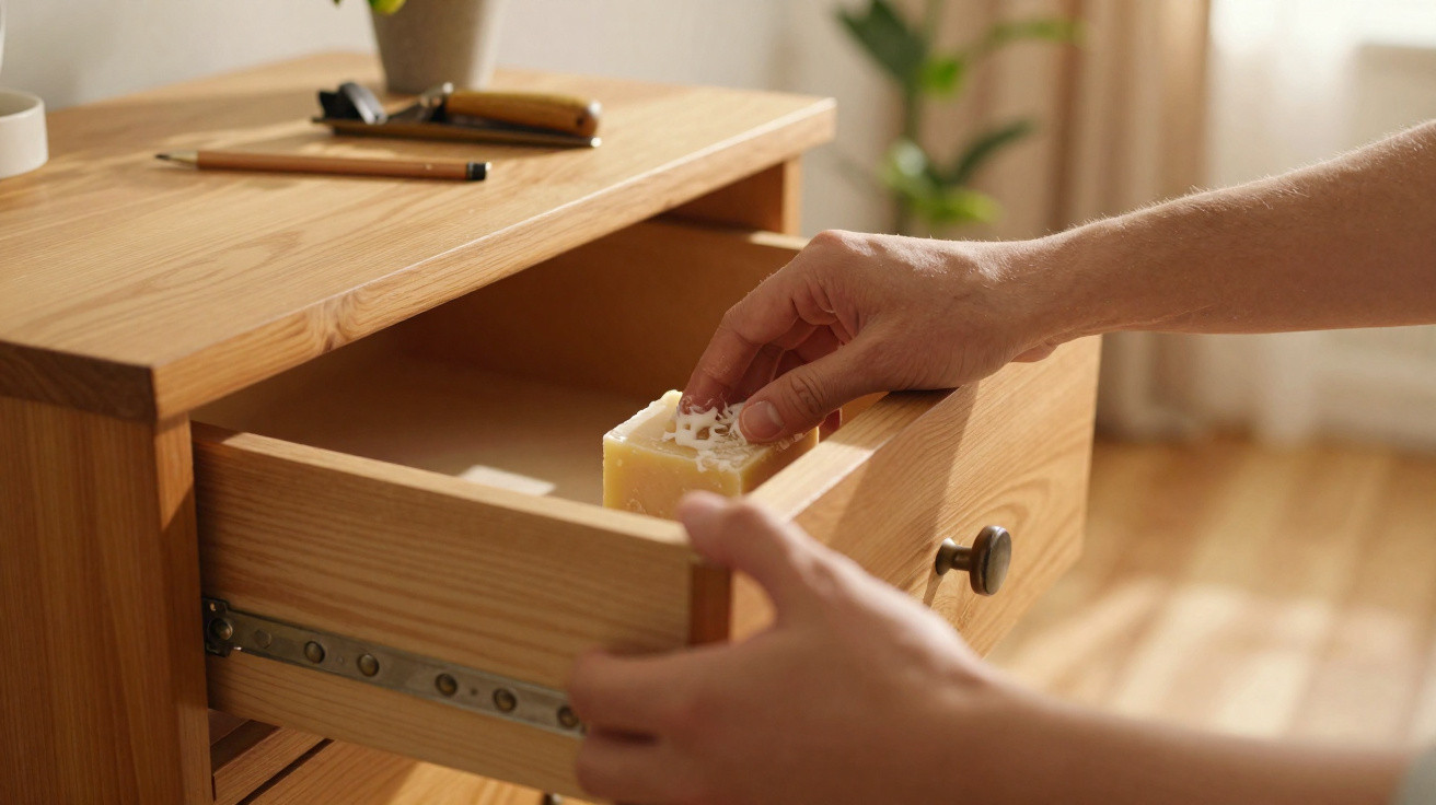 Person placing a decorative soap bar into an open wooden drawer on a sunlit wooden desk.