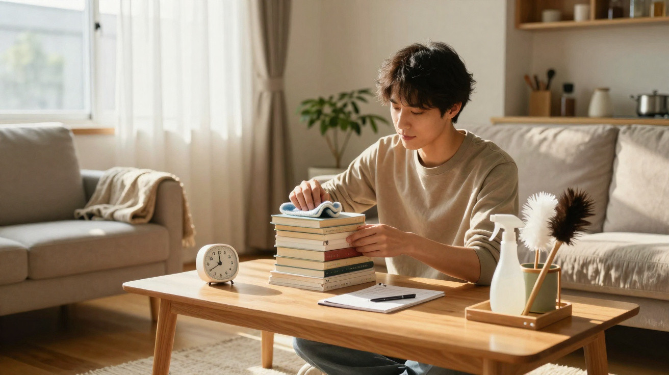 Young man cleaning a stack of books on a wooden coffee table in a sunlit living room.