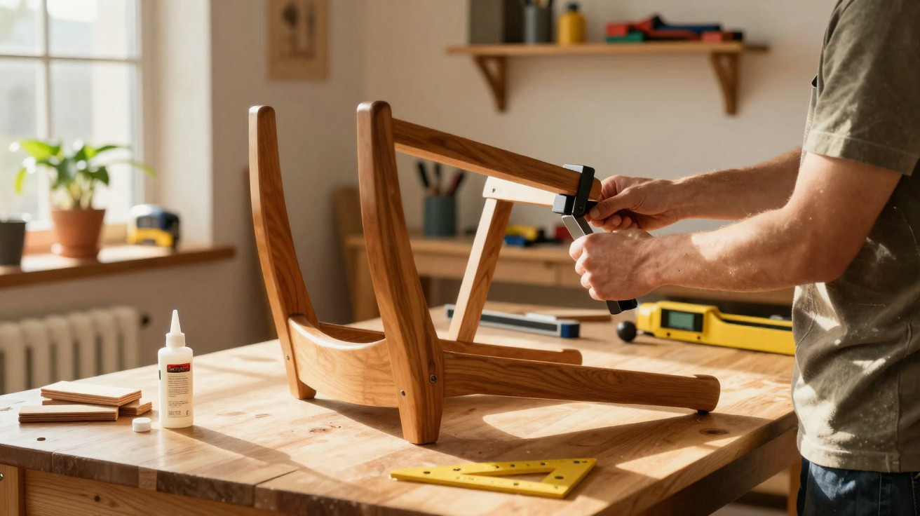 Person assembling a wooden chair upside down on a workbench in a sunlit workshop.