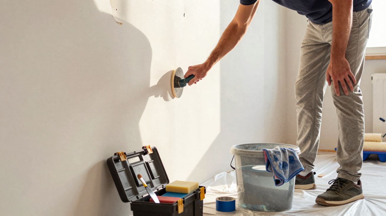 Person sanding a white wall indoors with tools, bucket of water, and toolbox on the floor.