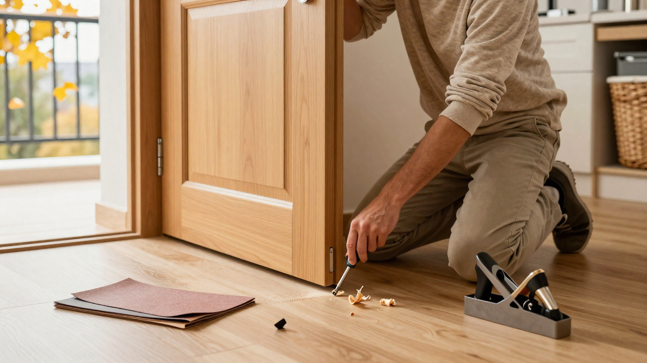 Person kneeling on wooden floor fixing a wooden door with a screwdriver and woodworking tools nearby.