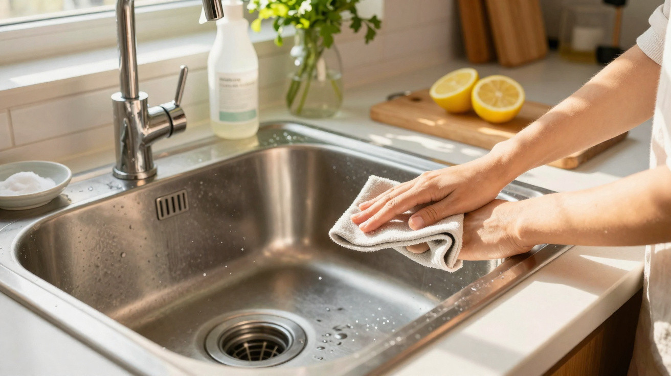 Person cleaning a stainless steel kitchen sink with a cloth near a lemon and cleaning spray on the counter.