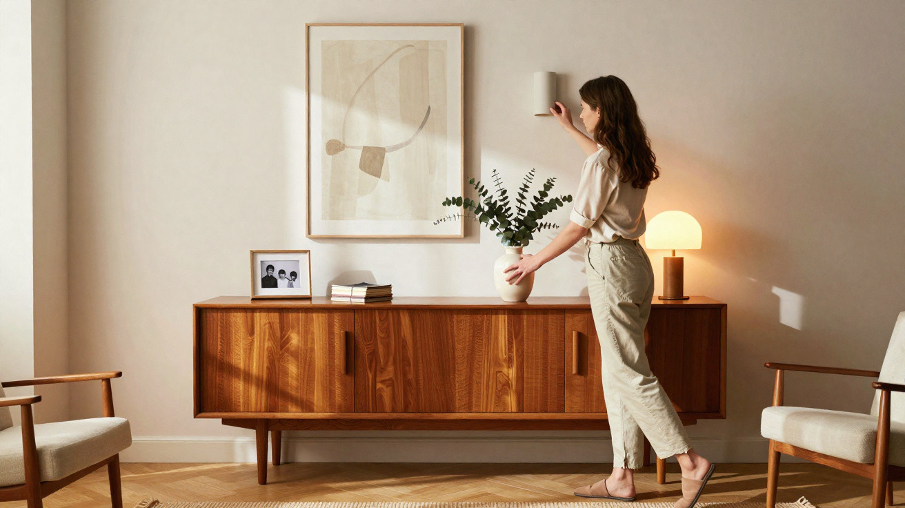 Woman adjusting wall light above wooden sideboard in a minimalist, mid-century modern living room.