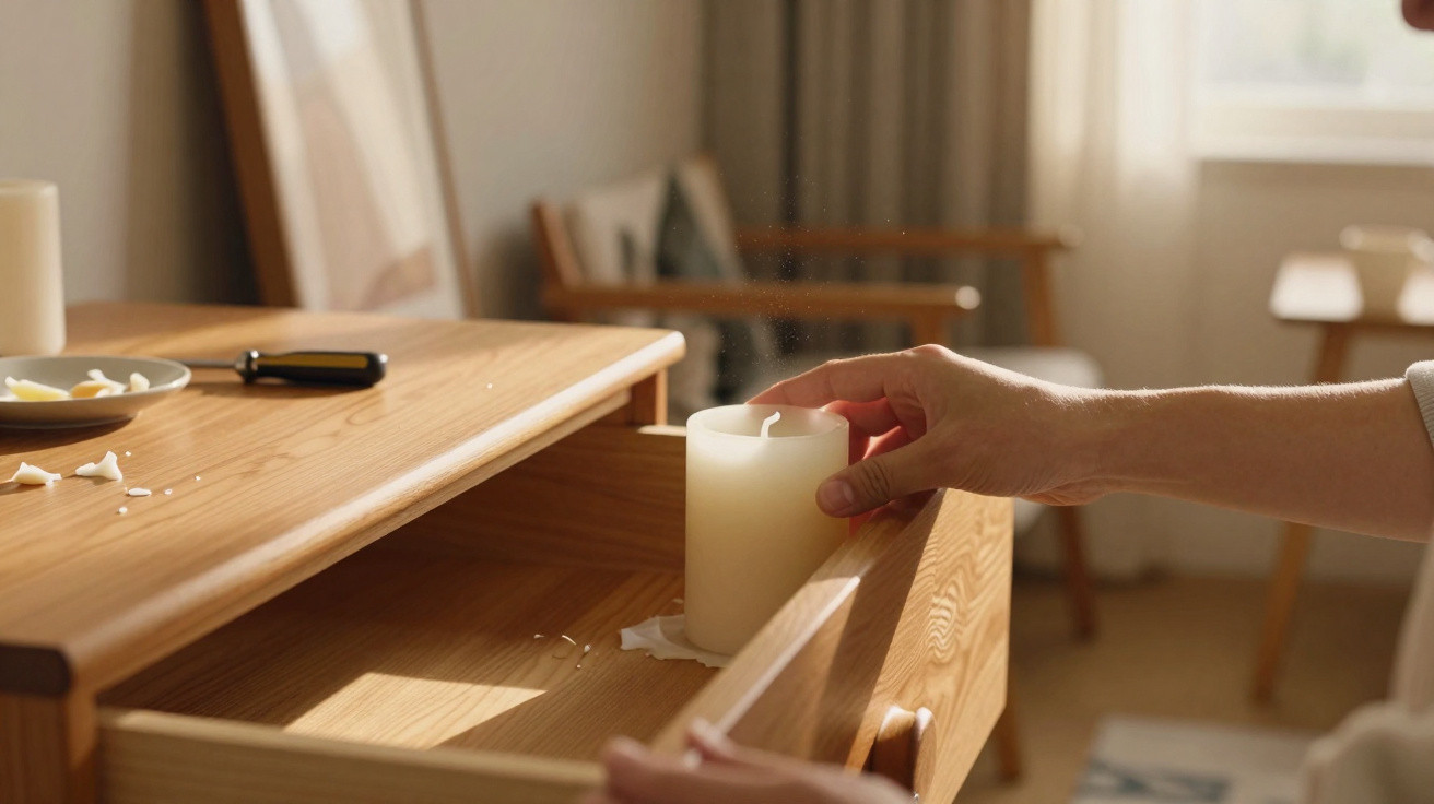 Hand placing a white candle inside an open wooden drawer in a sunlit room.