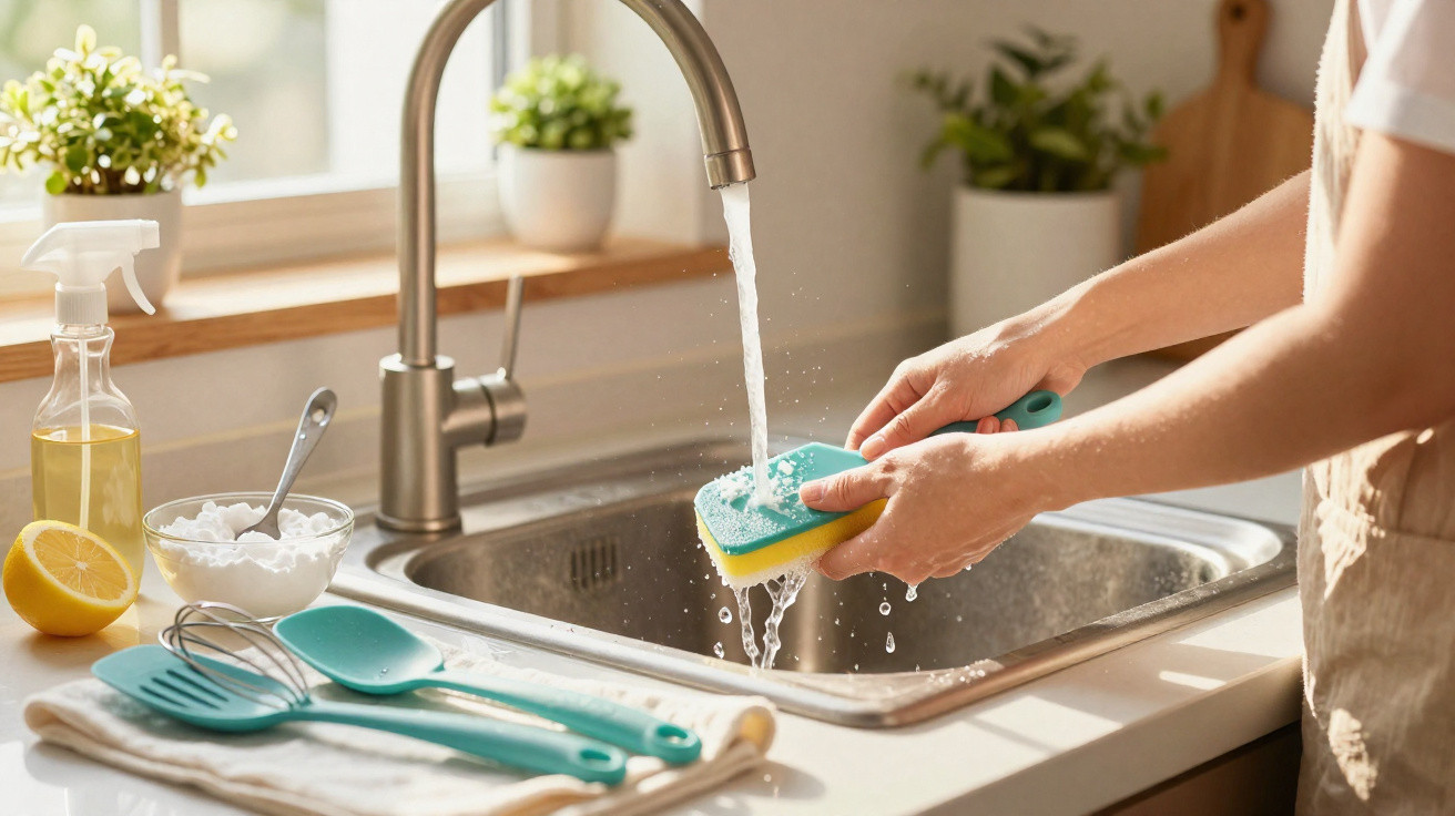 Person washing a turquoise sponge under running kitchen tap with cleaning items and lemon nearby.