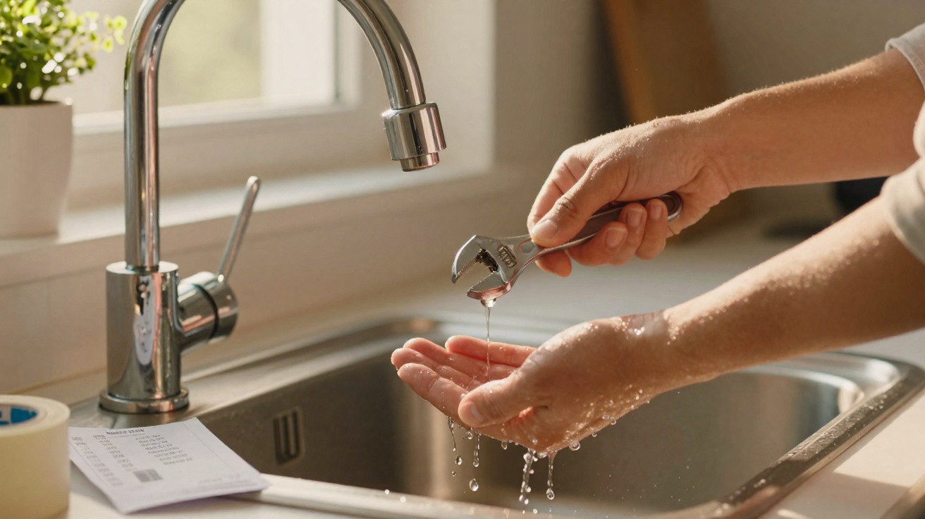 Person holding a wrench under a kitchen tap with water dripping into their hand over the sink.
