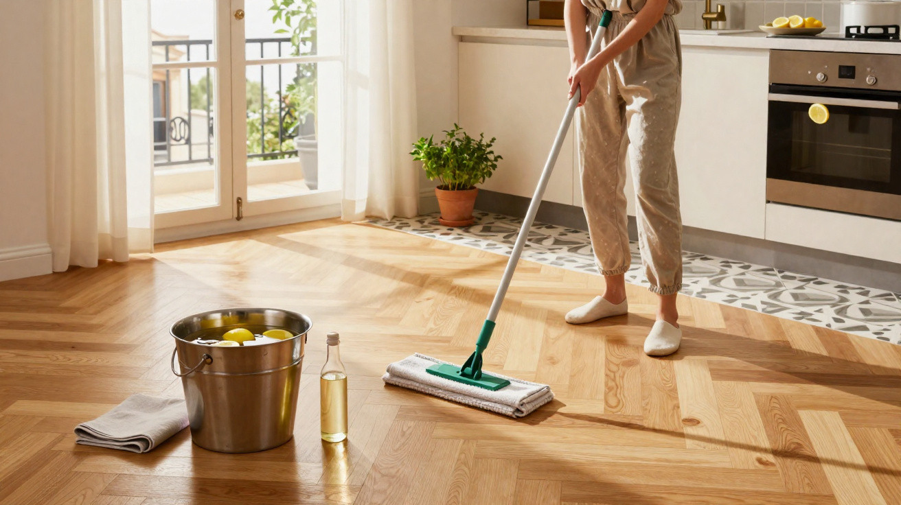 Person mopping a wooden kitchen floor with a bucket, cleaning cloth and bottle nearby in a bright room.