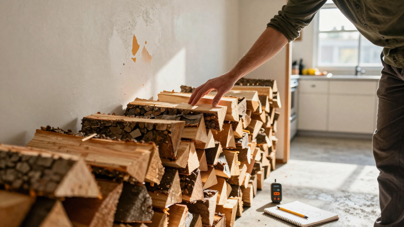 Person stacking split firewood logs neatly inside a sunlit room with notepad and walkie-talkie nearby.