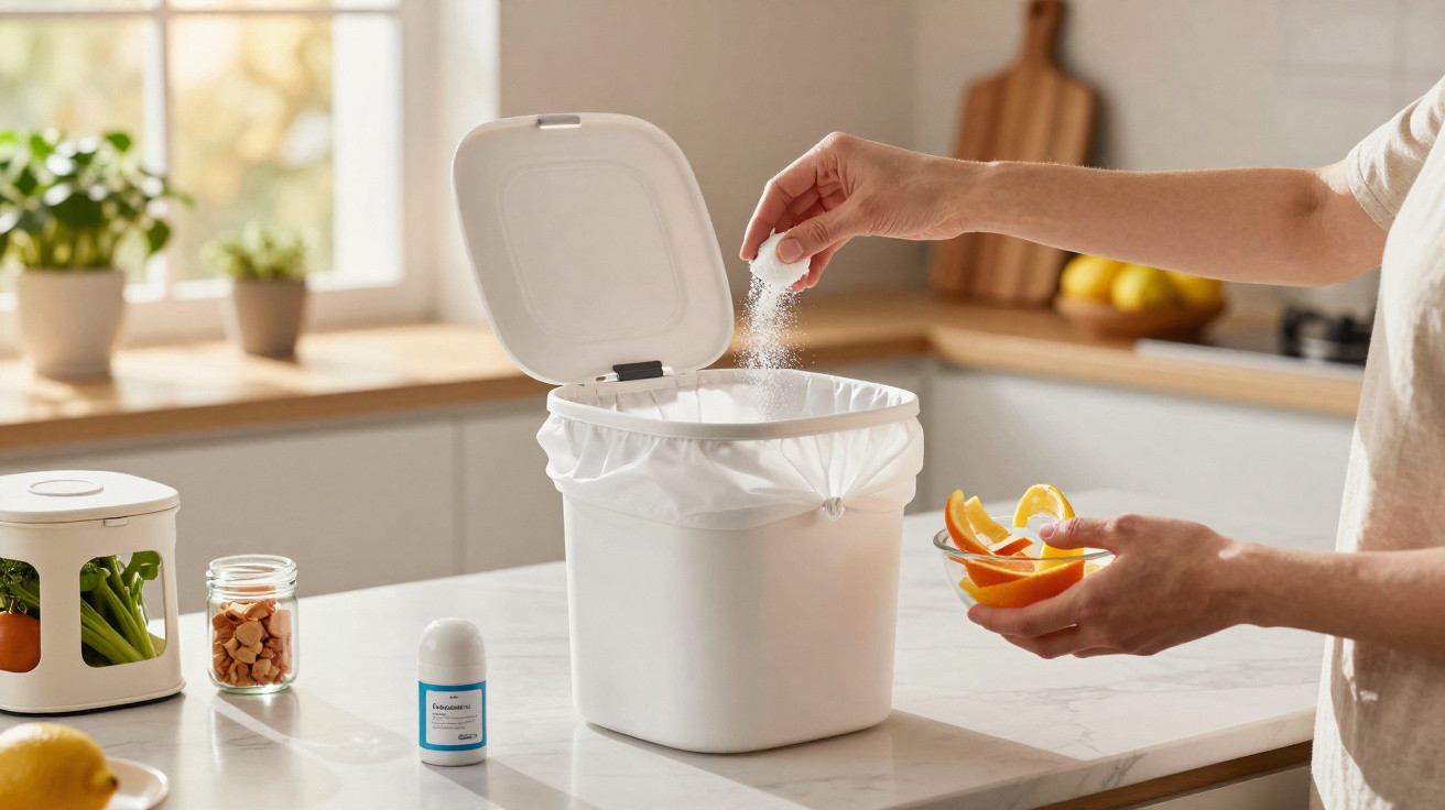 Person sprinkling baking soda into a white kitchen bin with citrus peels nearby on a marble countertop.