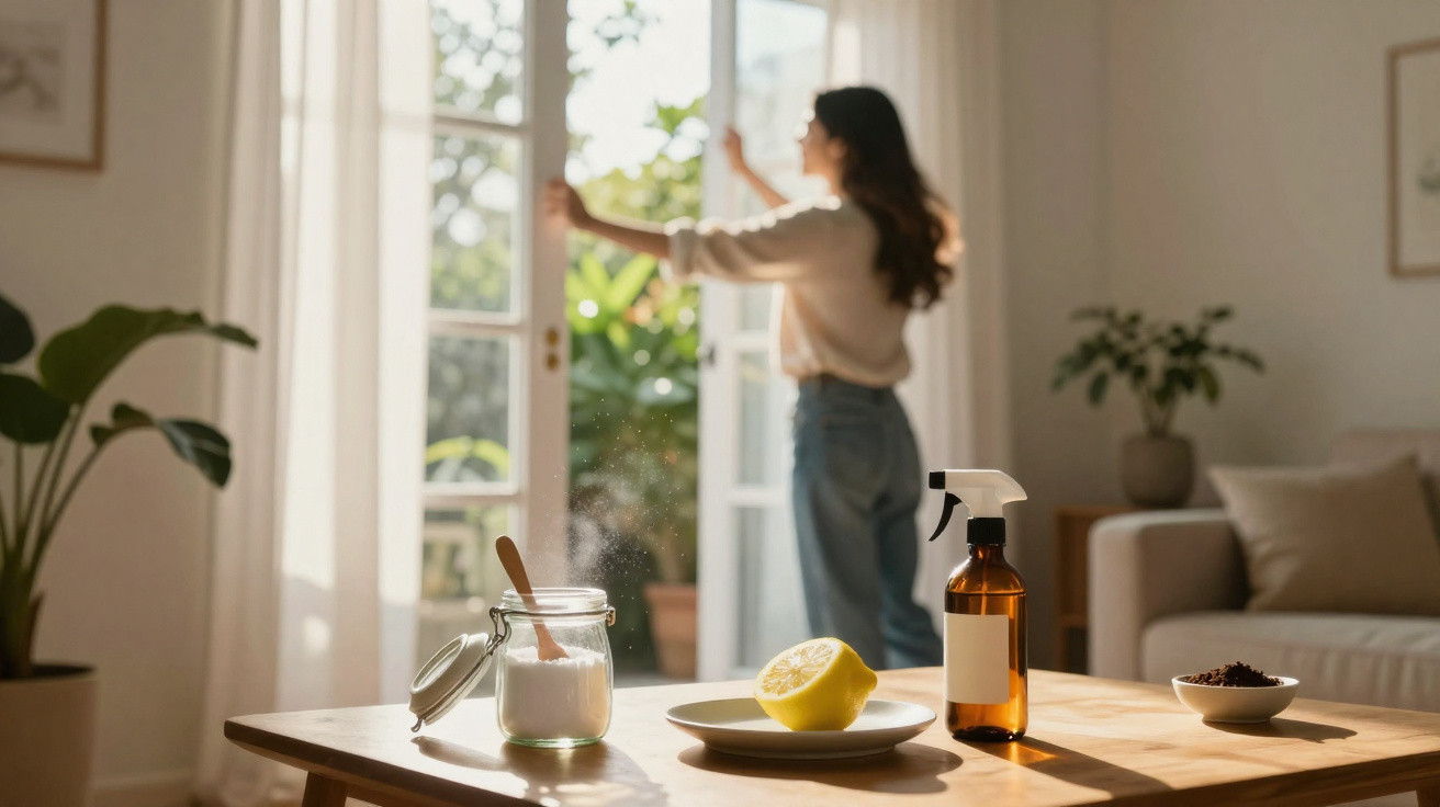 Glass jar, lemon half, and spray bottle on table with woman opening French doors in bright room