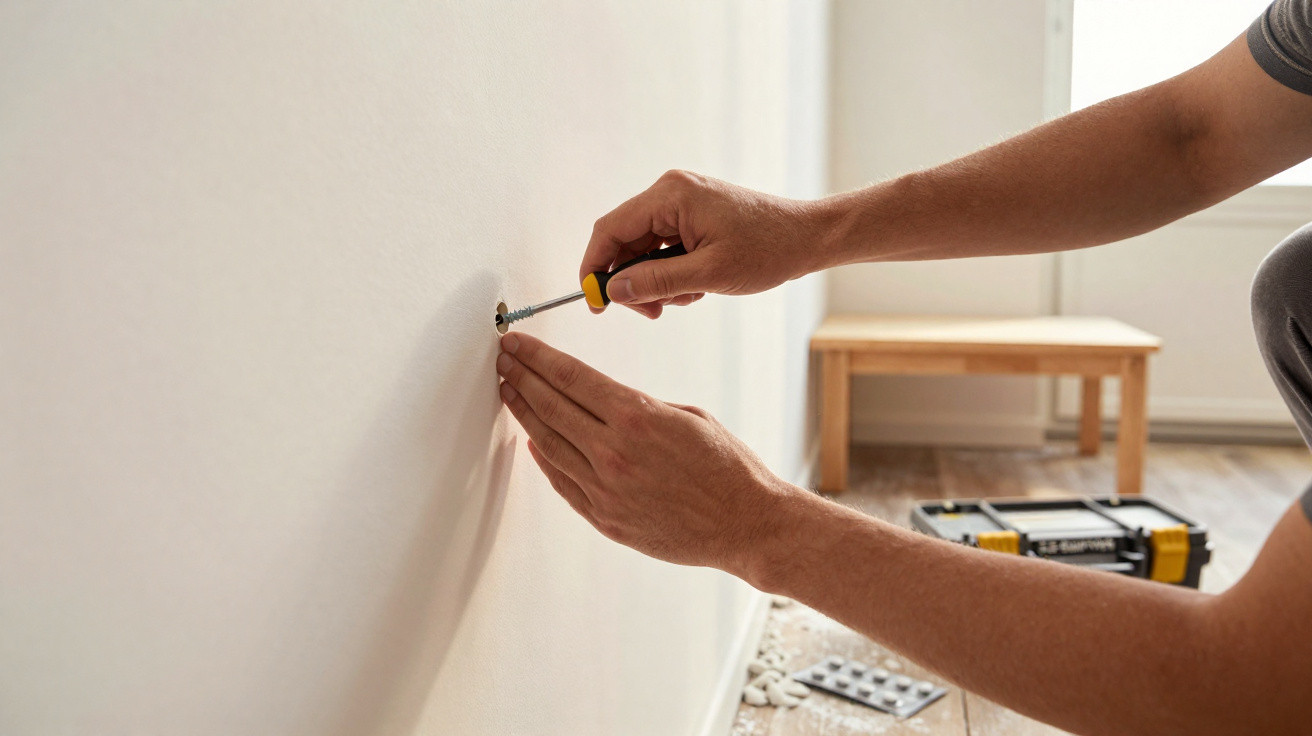 Person using screwdriver to fix screw into a white wall in a room with wooden flooring and furniture.