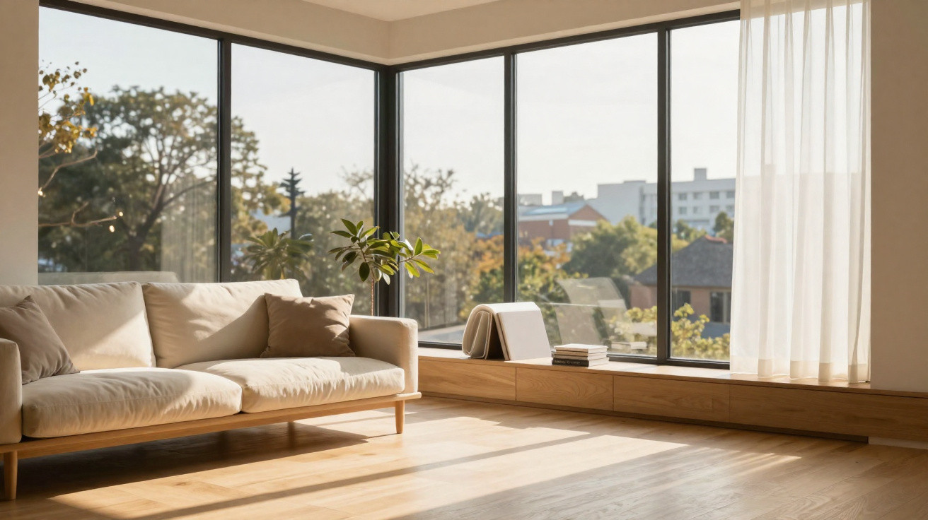 Bright living room with beige sofa, wooden floor, large windows, and sheer white curtains.