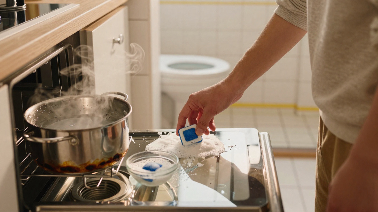 Person using a dishwasher tablet to clean burnt residue from a stove with a steaming pot nearby in a kitchen.