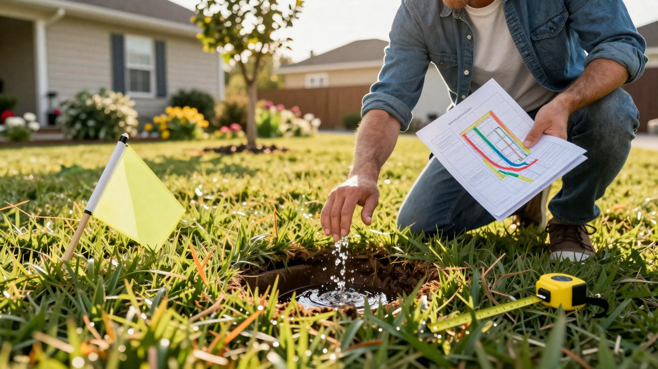 Person inspecting a water meter in grass with a yellow flag, tape measure, and paper plans nearby.