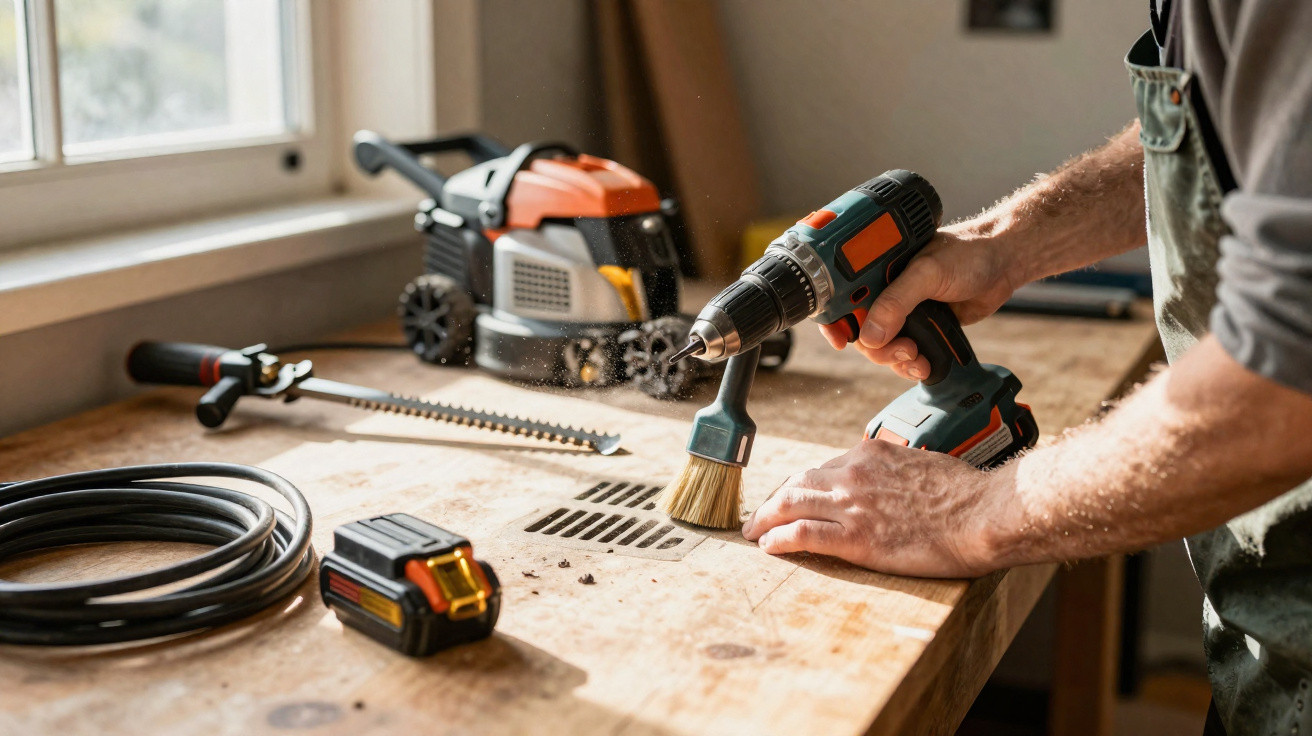 Person using a drill brush attachment to clean dirt from a wooden workbench near power tools by a window.