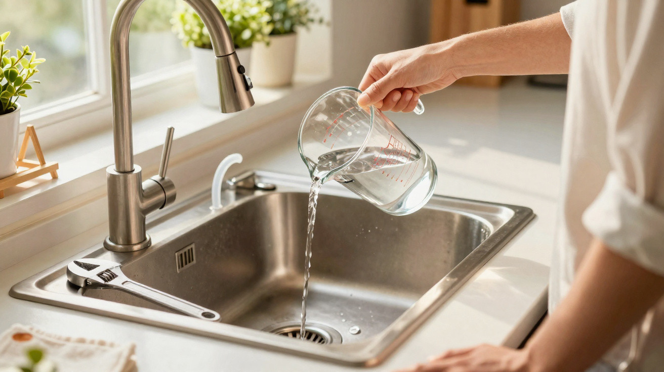 Person pouring water from a measuring jug into a clean stainless steel kitchen sink next to a wrench.