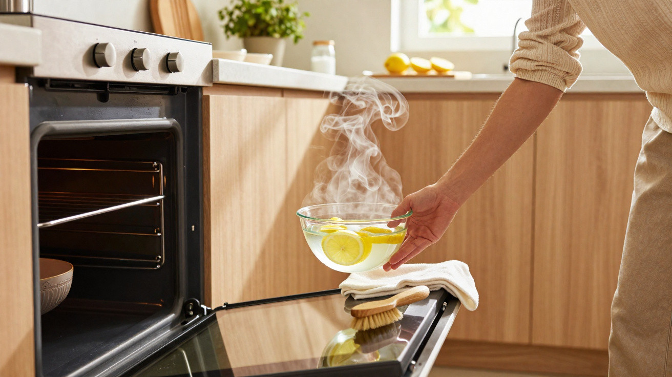 Person placing a steaming bowl with lemon slices into an open oven in a bright wooden kitchen.