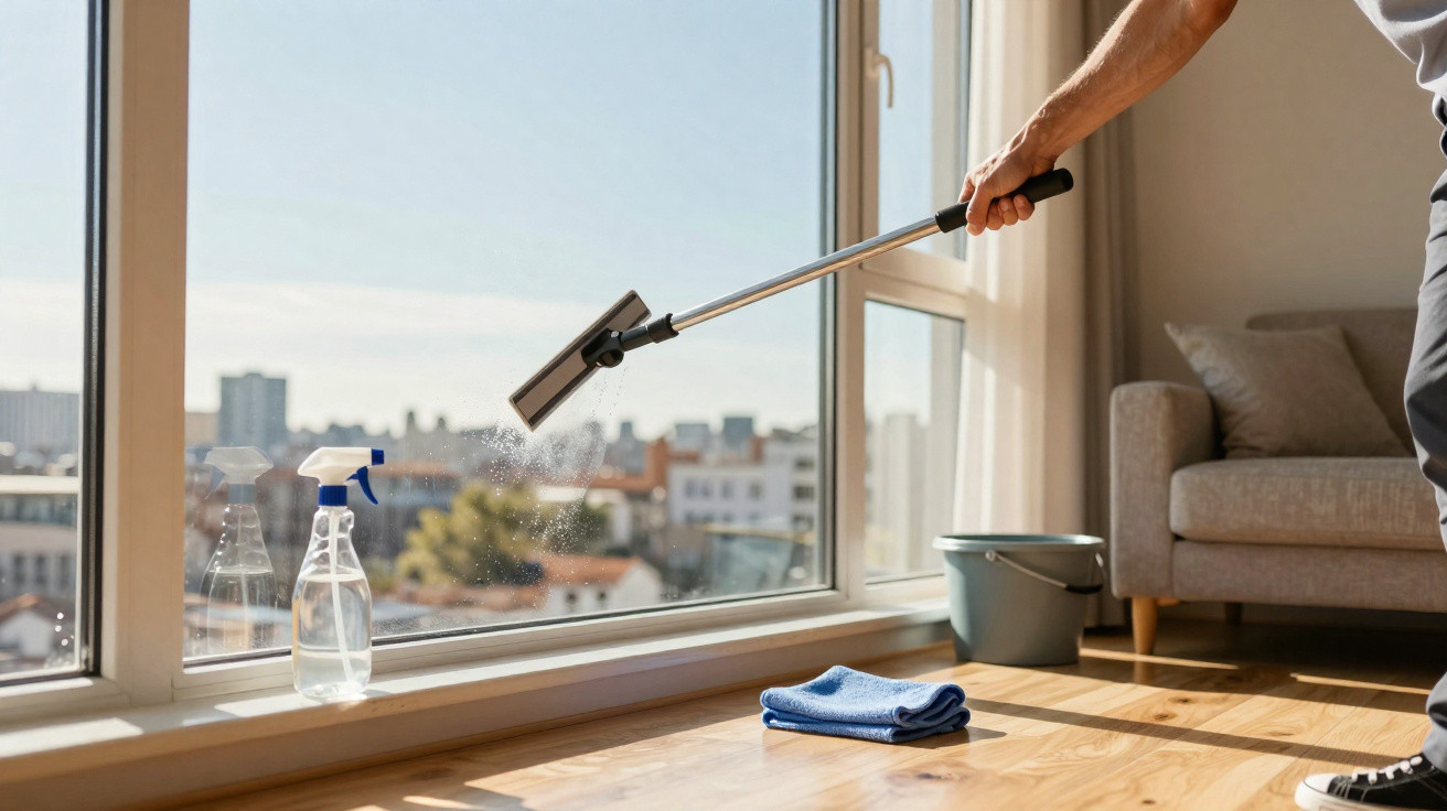 Person cleaning a large window with a spray mop and cleaning spray in a bright living room.