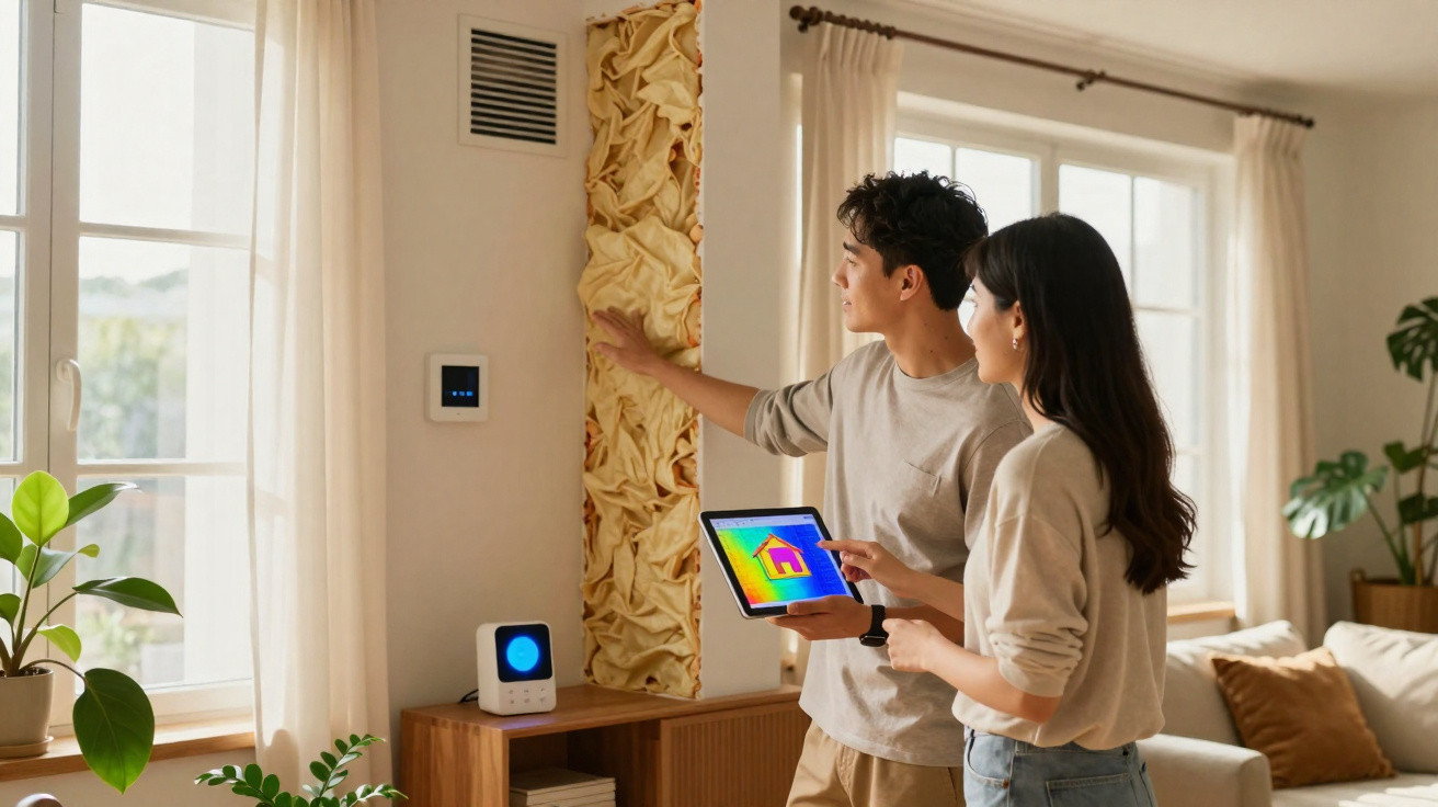Young couple using tablet to control smart home temperature and insulation in a bright living room.