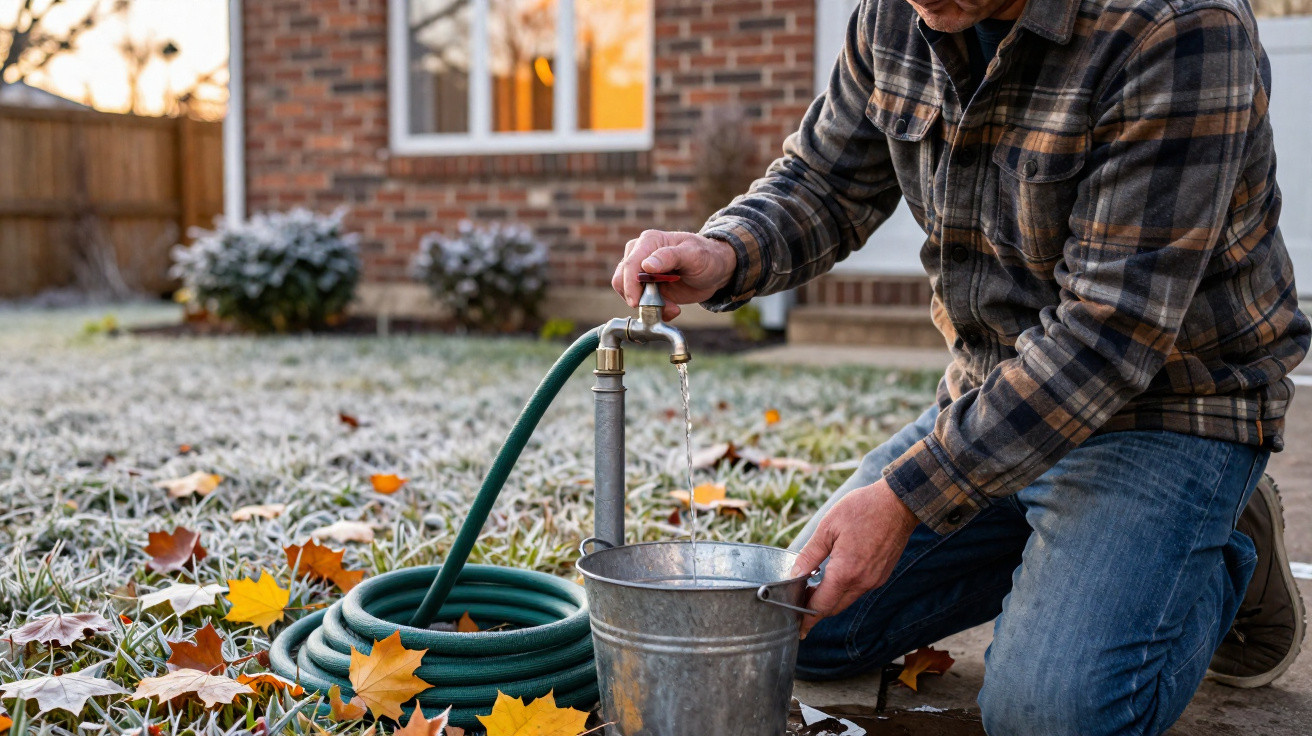 Person filling a metal bucket with water from a garden tap outside a brick house in autumn.