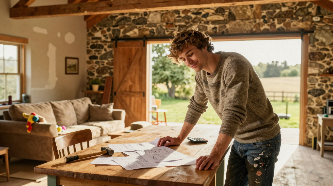 Young man examining architectural plans on a wooden table in a rustic, sunlit room with a garden view.