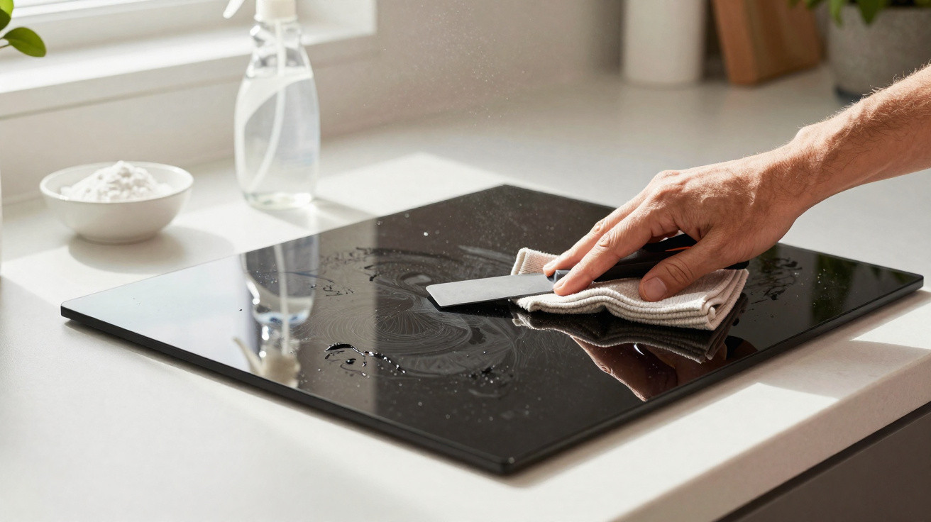 A hand cleaning a black glass ceramic hob with a cloth and scraper on a white kitchen countertop.