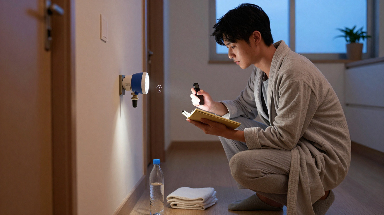 Man in a robe using a flashlight and notebook to inspect a wall-mounted device in a dimly lit room at night.