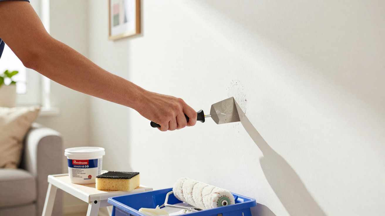 Hand using putty knife to fill holes in white wall with painting tools on nearby table and floor.
