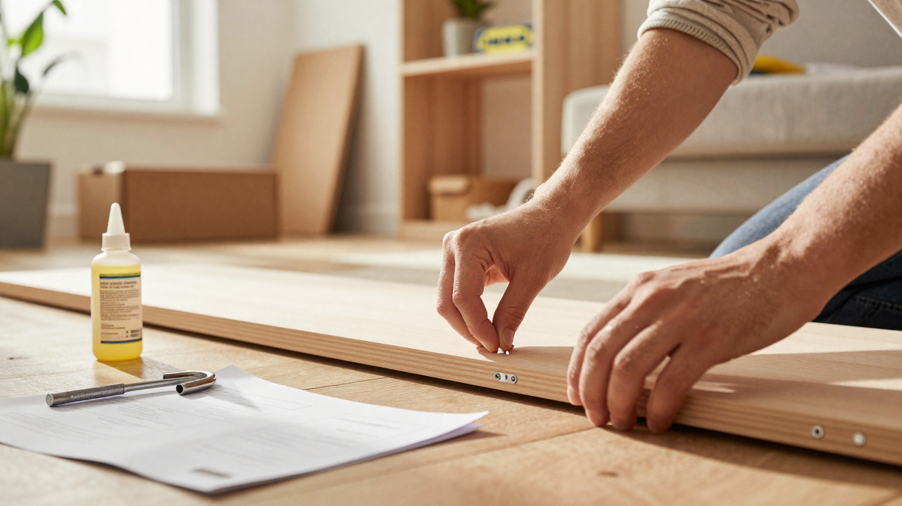 Hands assembling flat-pack furniture on wooden floor near instruction manual and glue bottle.