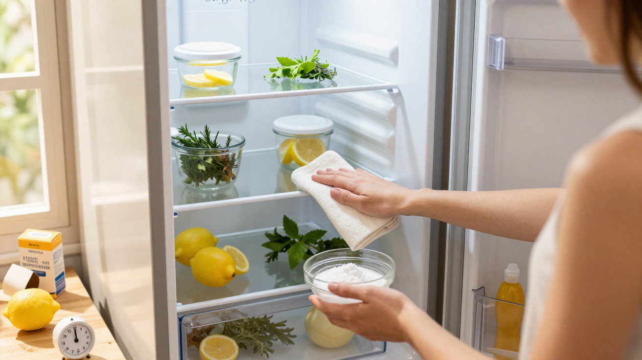 Person cleaning inside a fridge with a cloth and natural ingredients like lemon and herbs on shelves.