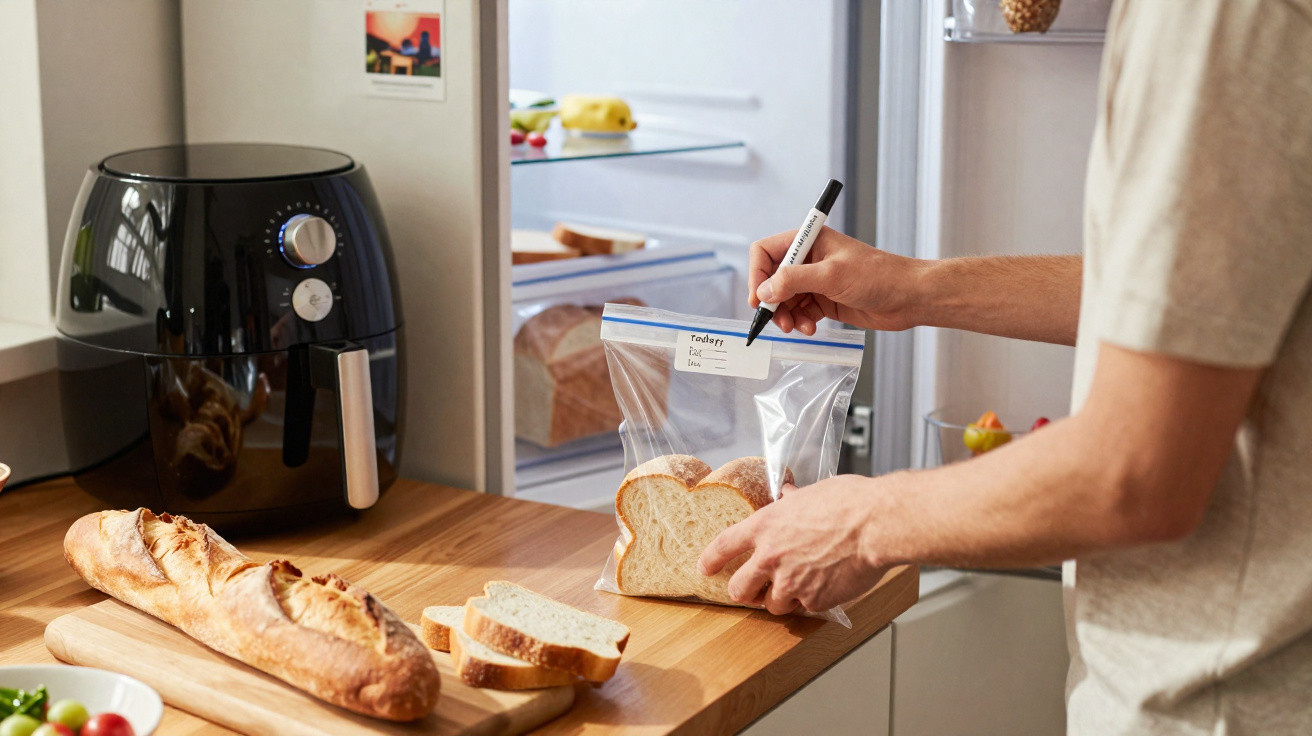 Person labelling a plastic bag with sliced bread near an open refrigerator and air fryer on kitchen counter.