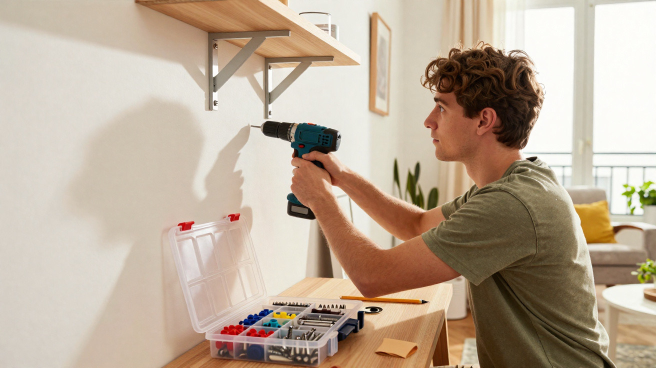 Young man using a cordless drill to fix a wooden shelf on a wall in a bright living room.