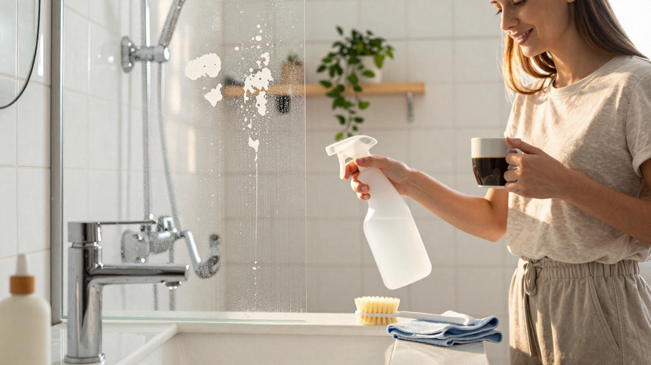 Woman holding a cup and spray bottle cleaning a bathroom mirror with a brush and cloth nearby.