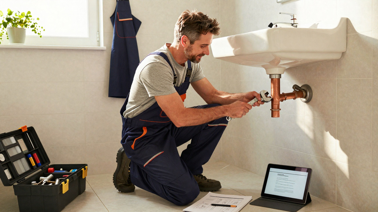 Man in overalls fixing a bathroom sink pipe with tools, tablet and toolbox nearby on the floor.