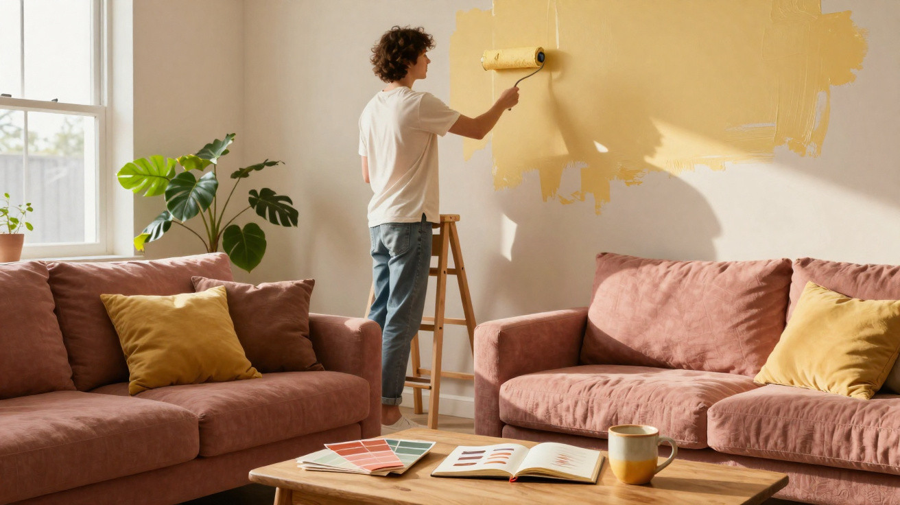 Person painting a living room wall yellow with a roller, surrounded by pink sofas and a coffee table with paint samples.