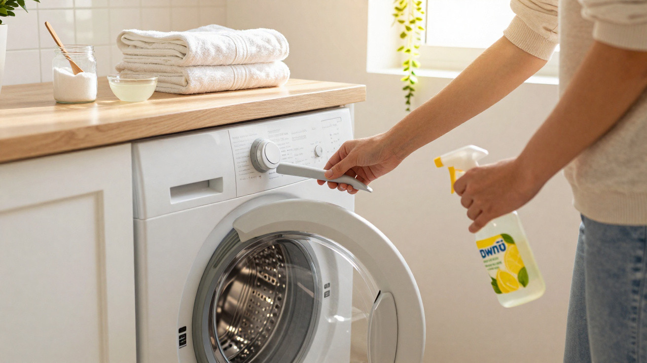 Person adjusting washing machine settings in bright laundry room holding lemon-scented spray bottle.