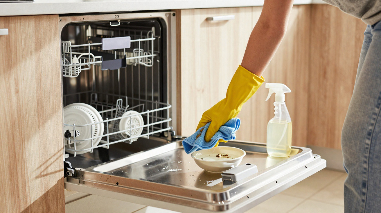 Person wearing yellow gloves wiping dishwasher door with cloth beside spray bottle in a modern kitchen.