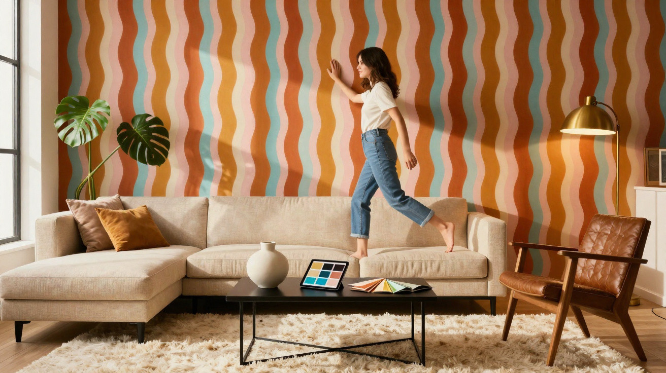 Woman walking barefoot on beige sofa in living room with wavy colourful wallpaper and modern decor.