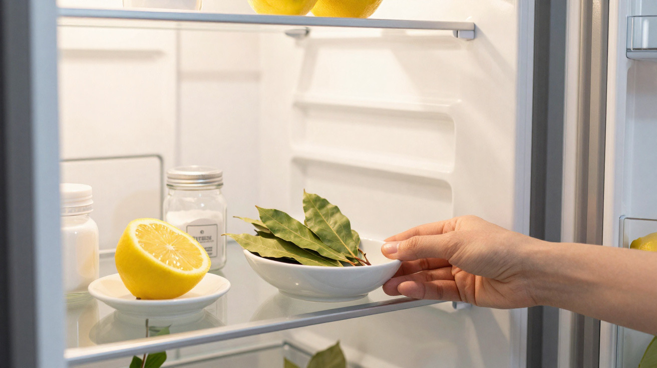 Hand placing a bowl of bay leaves inside a fridge next to halved lemon and jars.