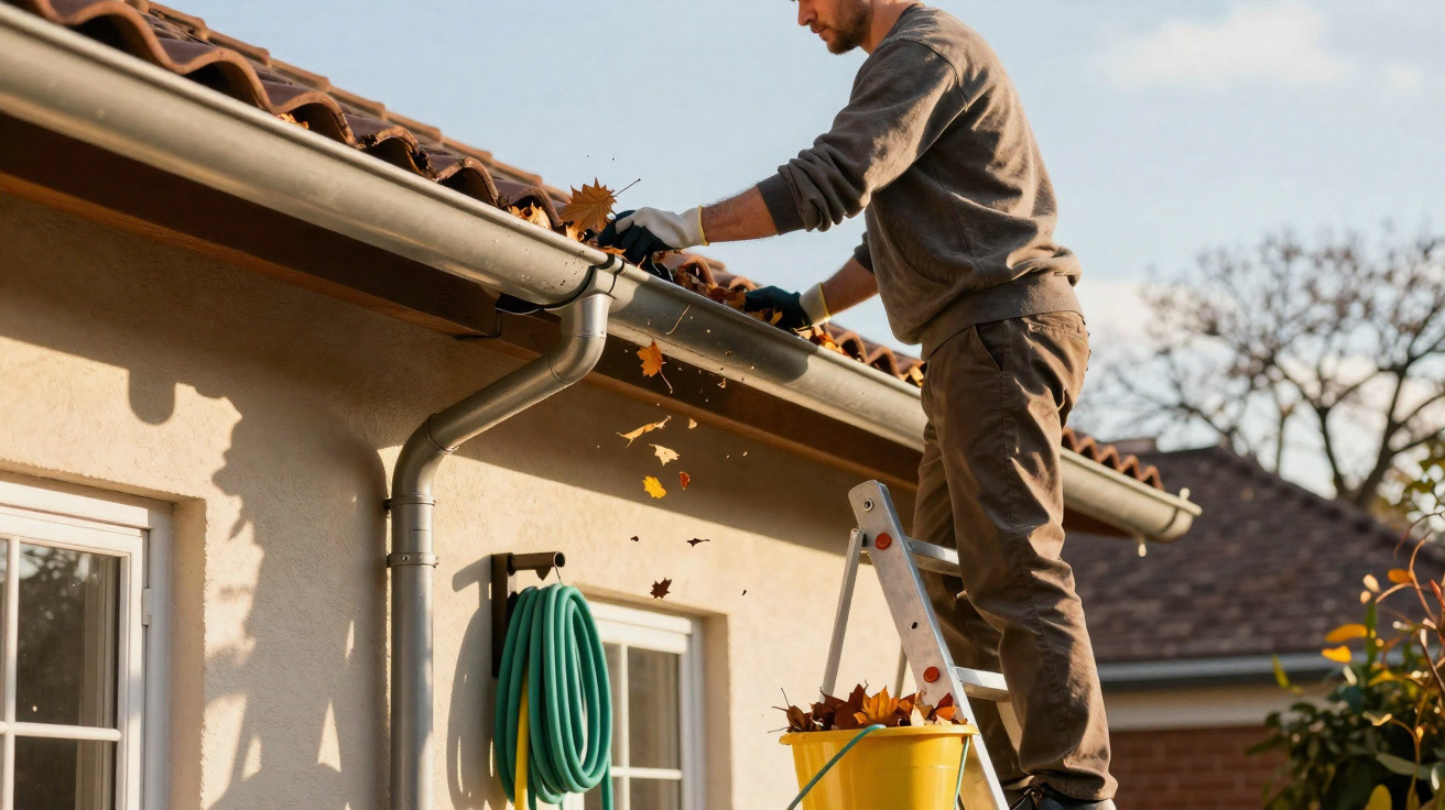 Man standing on a ladder cleaning leaves from a house gutter into a yellow bucket on a sunny day.