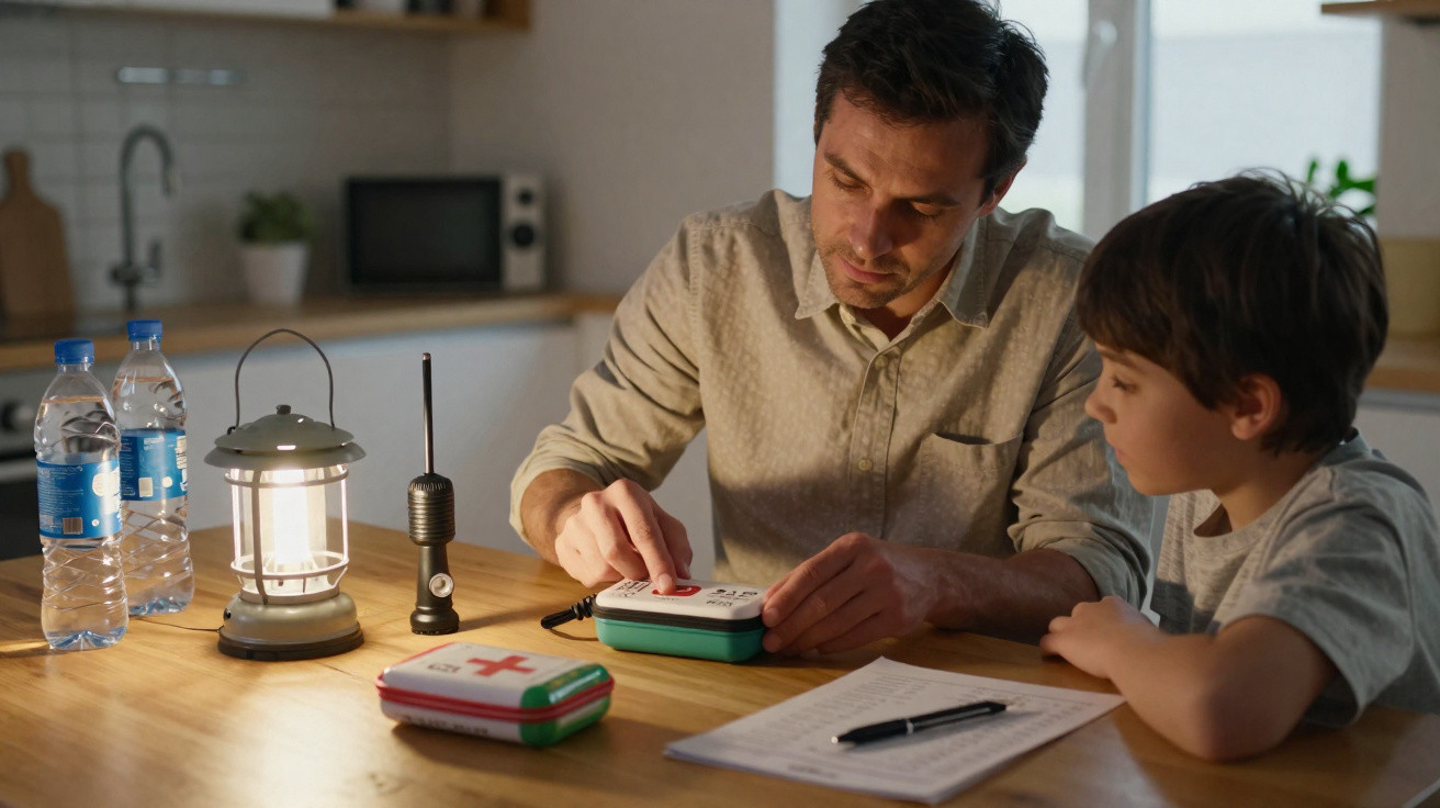 Man teaching boy how to use a first aid kit by lantern light on a kitchen table with water bottles and a walkie-talkie.