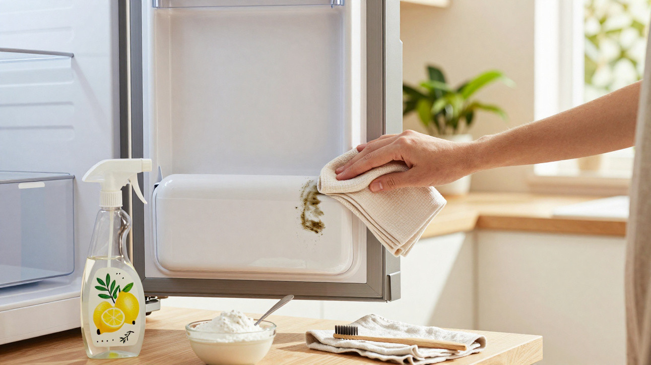 Person wiping mould inside an open refrigerator door with cleaning spray, cloth, and bowl on wooden kitchen counter