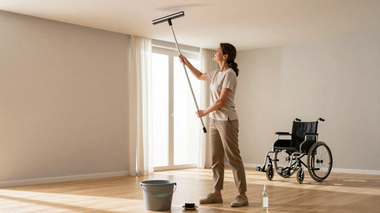 Woman cleaning high ceiling with mop in empty room, wheelchair nearby on wooden floor.