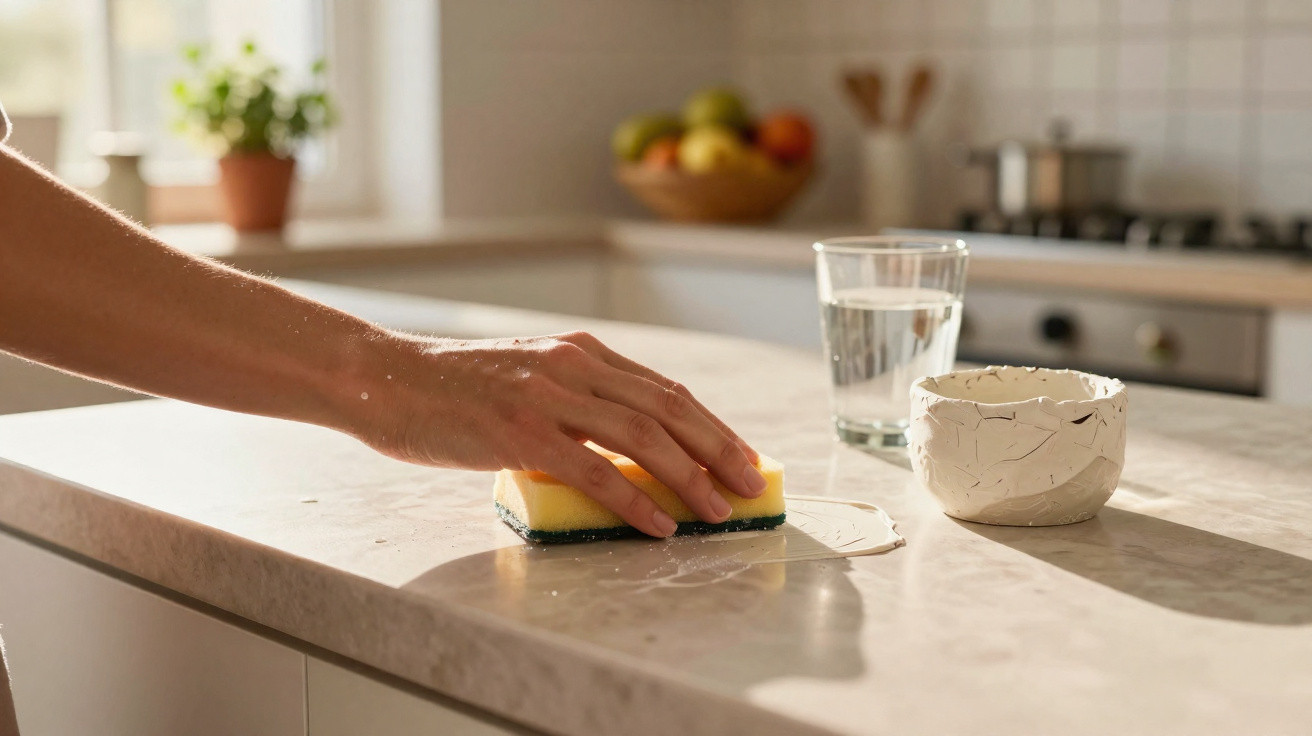 Hand wiping a wet kitchen countertop with a yellow sponge next to a glass of water and a white bowl.