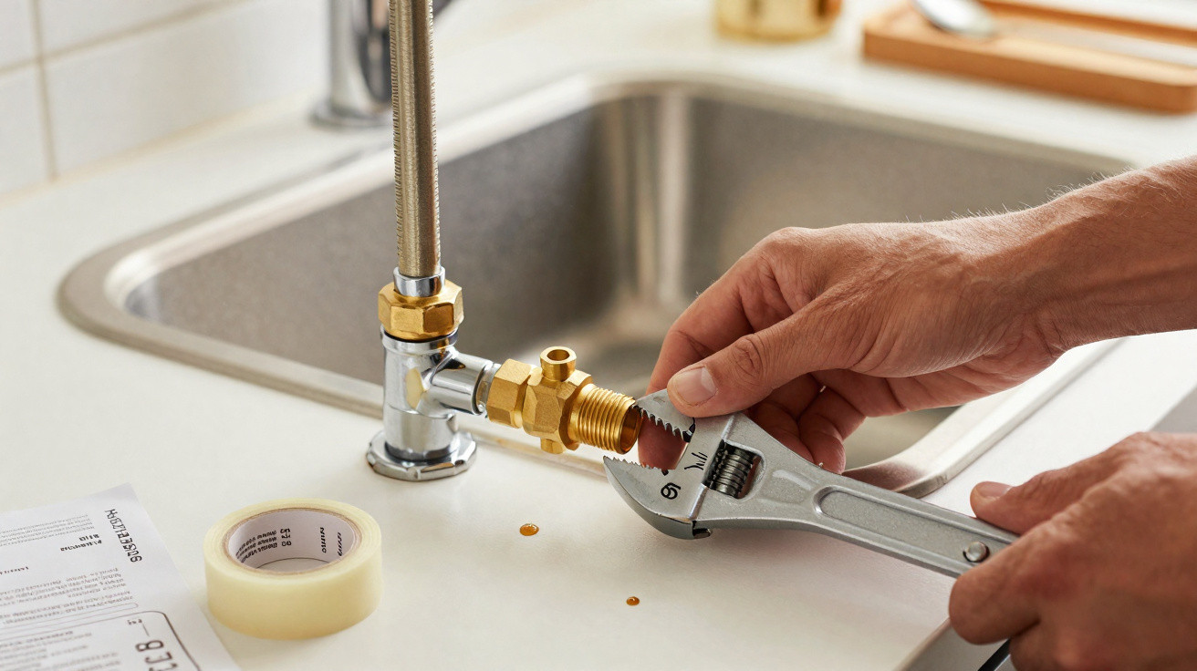 Hands holding an adjustable wrench tightening a brass plumbing fitting connected to a kitchen sink pipe.